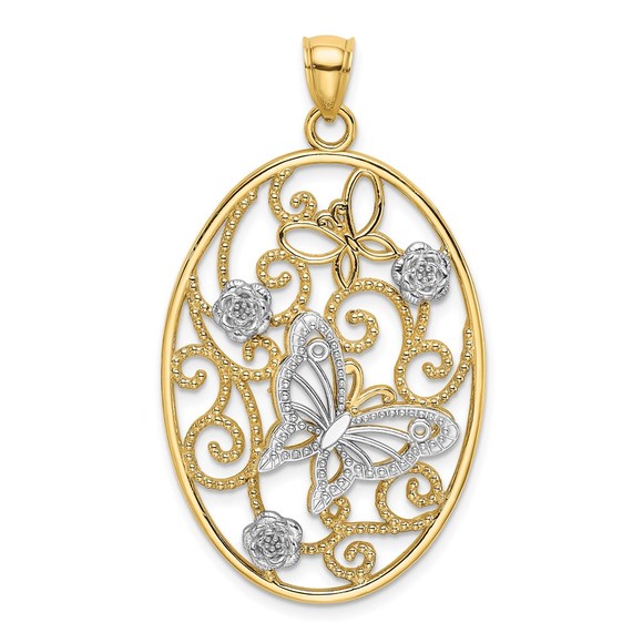 14k Two-tone Gold Butterfly & Flowers in Oval Frame Necklace Charm Pendant
